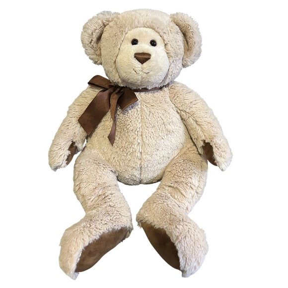 Gund Winslow Teddy Bear Plush 16" Almond Color W/ Suede Paws & Brown Ribbon Bow - Picture 1 of 5